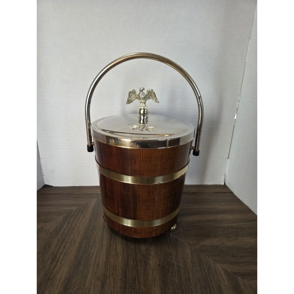 vintage Jerywil wood and brass-accented footed ice bucket from the 1970s